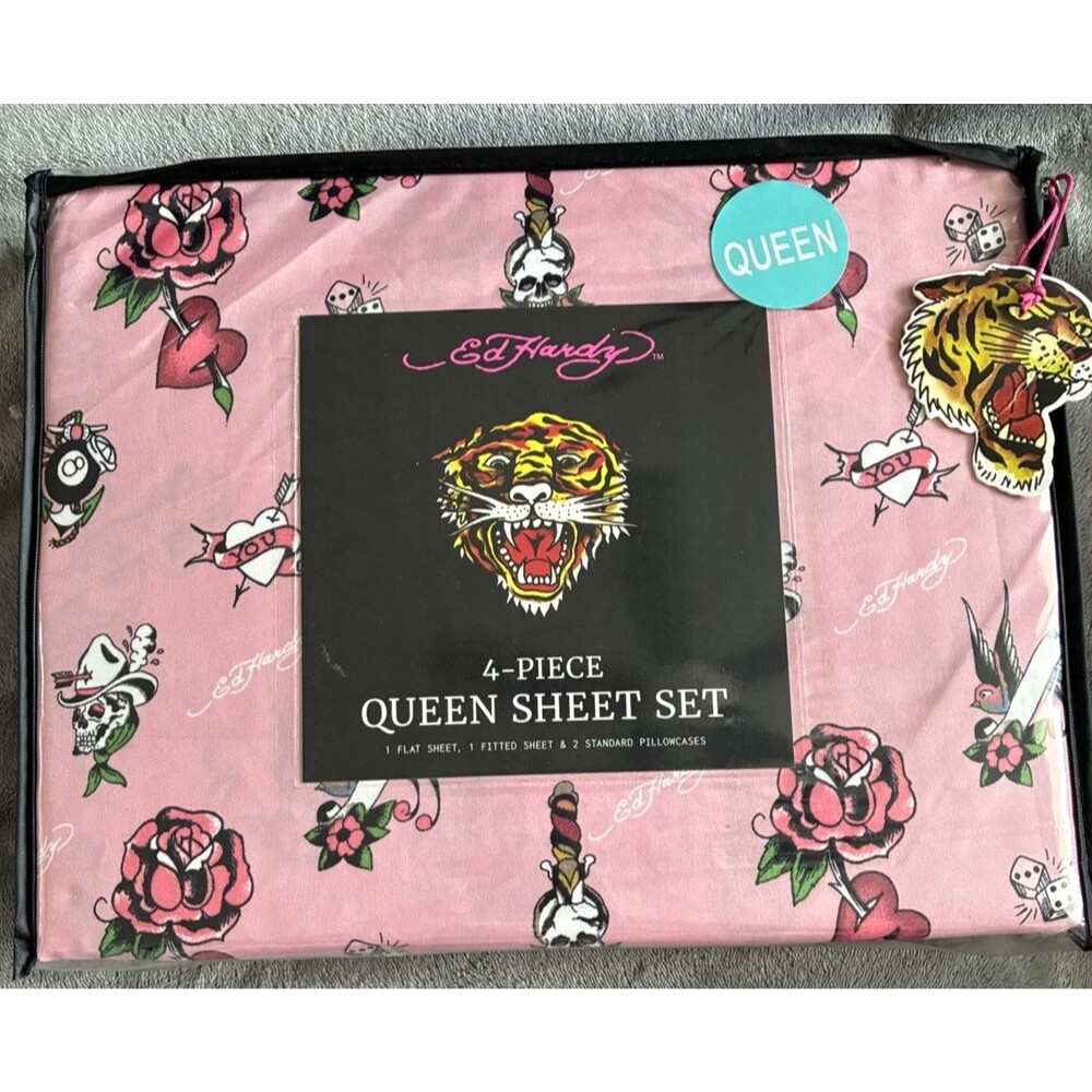 Ed Hardy Queen Sheet Set Pink Tattoo Rose Skull 4 Piece Bedding New